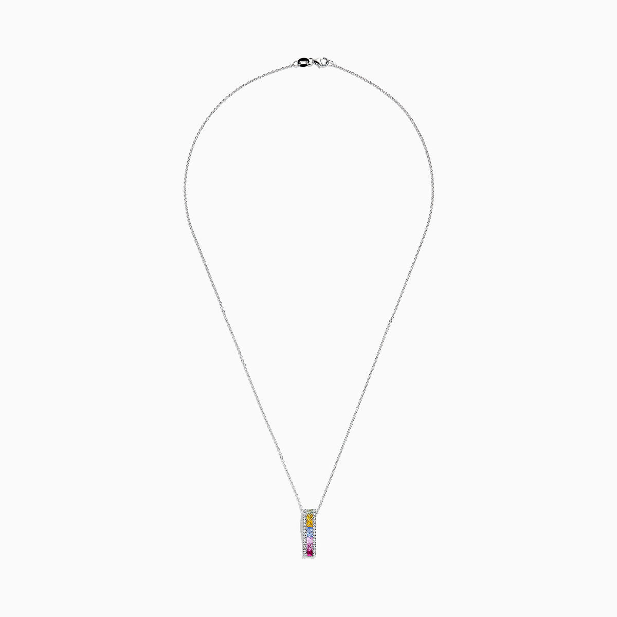 The Watercolors 14K White Gold Multi Sapphire & Diamond Pendant, 1.17 TCW, features a vertical row of yellow, blue, green, and pink sapphires bordered by diamonds.