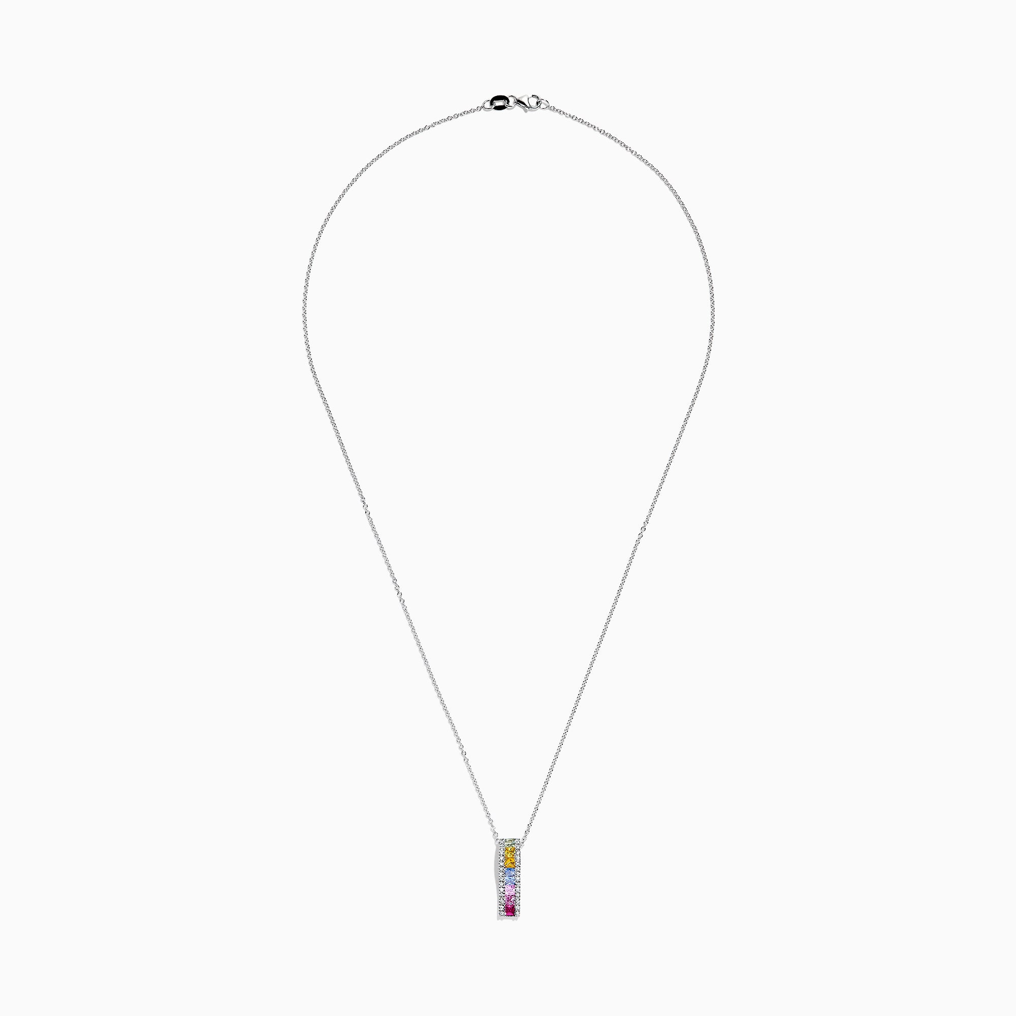 The Watercolors 14K White Gold Multi Sapphire & Diamond Pendant, 1.17 TCW, features a vertical row of yellow, blue, green, and pink sapphires bordered by diamonds.