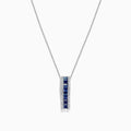 The 14K White Gold Blue Sapphire and Diamond Pendant (1.20 TCW) features a vertical design with square-cut blue sapphires at the center, bordered by sparkling diamonds.