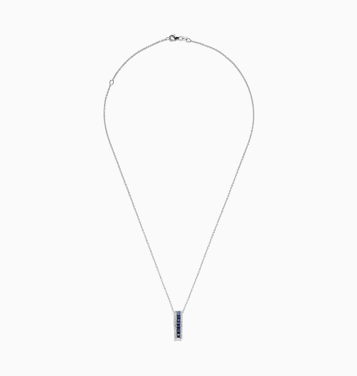 The 14K White Gold Blue Sapphire and Diamond Pendant (1.20 TCW) features a vertical design with square-cut blue sapphires at the center, bordered by sparkling diamonds.