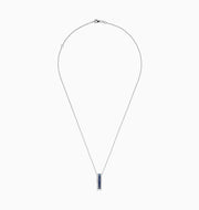 The 14K White Gold Blue Sapphire and Diamond Pendant (1.20 TCW) features a vertical design with square-cut blue sapphires at the center, bordered by sparkling diamonds.