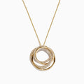 The DOro 14K Yellow Gold Diamond Crossover Circles Pendant (0.41 TCW) features three interlocking circles, two accented with shimmering diamonds, displayed elegantly against a white background.