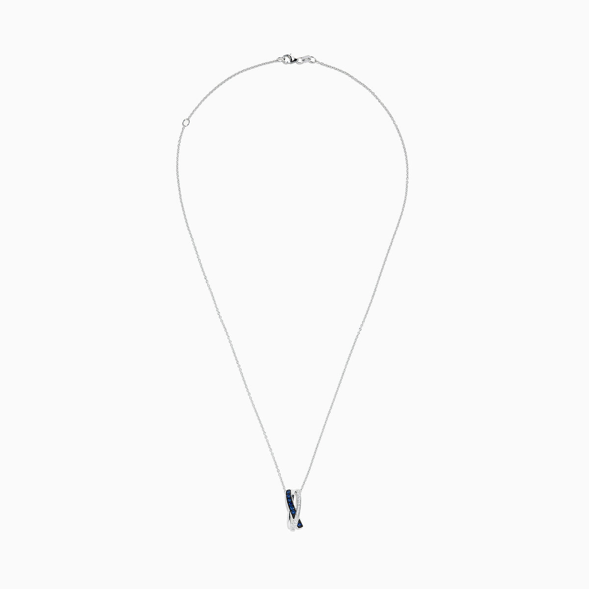 The Royale Bleu 14K White Gold Blue Sapphire and Diamond Pendant (0.26 TCW) features two intertwined loops—one with blue sapphires, the other with diamonds—suspended from a fine silver chain on a white background.