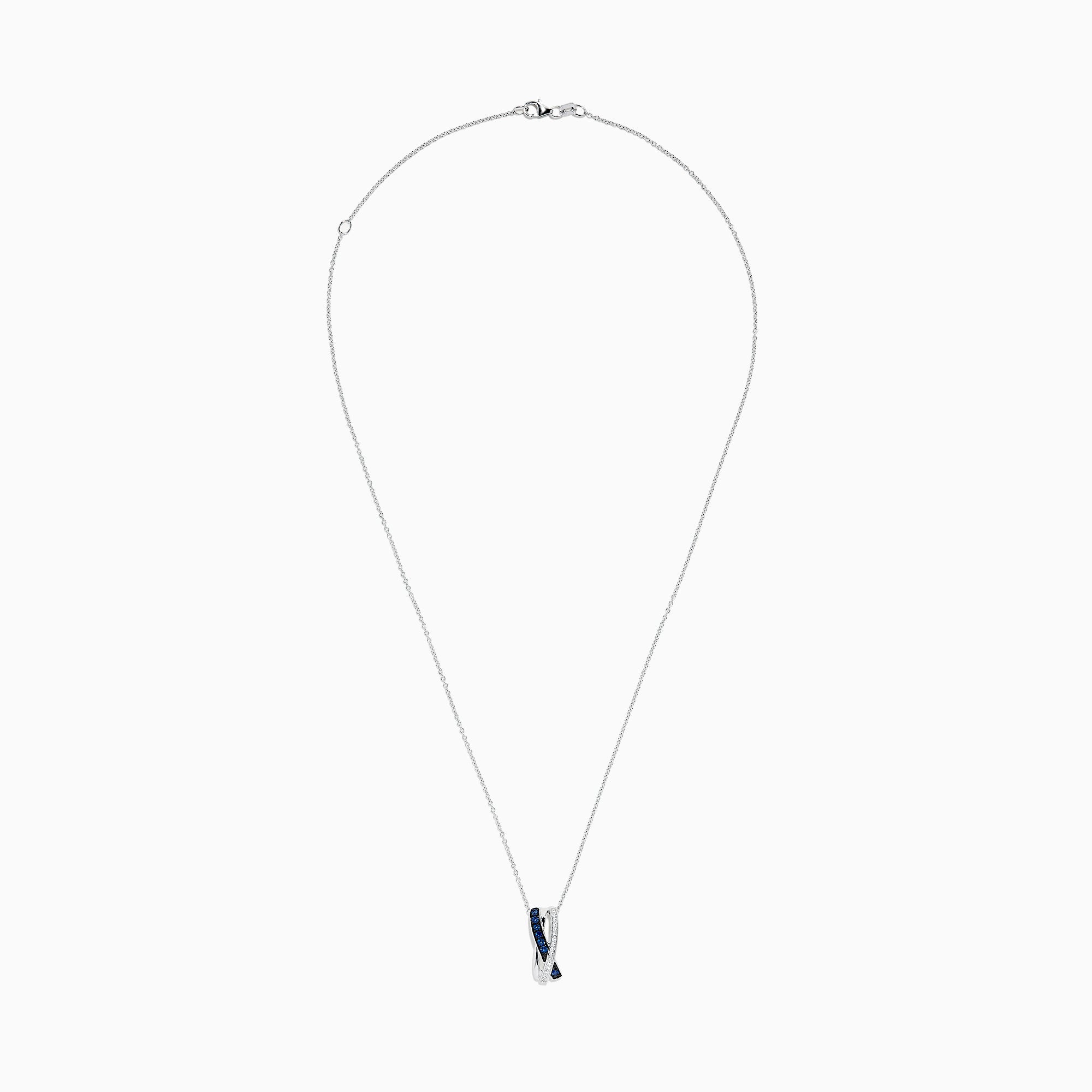 The Royale Bleu 14K White Gold Blue Sapphire and Diamond Pendant (0.26 TCW) features two intertwined loops—one with blue sapphires, the other with diamonds—suspended from a fine silver chain on a white background.