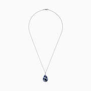 The 14K White Gold Sapphire and Diamond Drop Pendant, 3.80 TCW, features a teardrop design with clusters of dark and light sapphires, accented by diamonds on a silver chain, shown on a white background and inspired by Effy’s signature elegance.