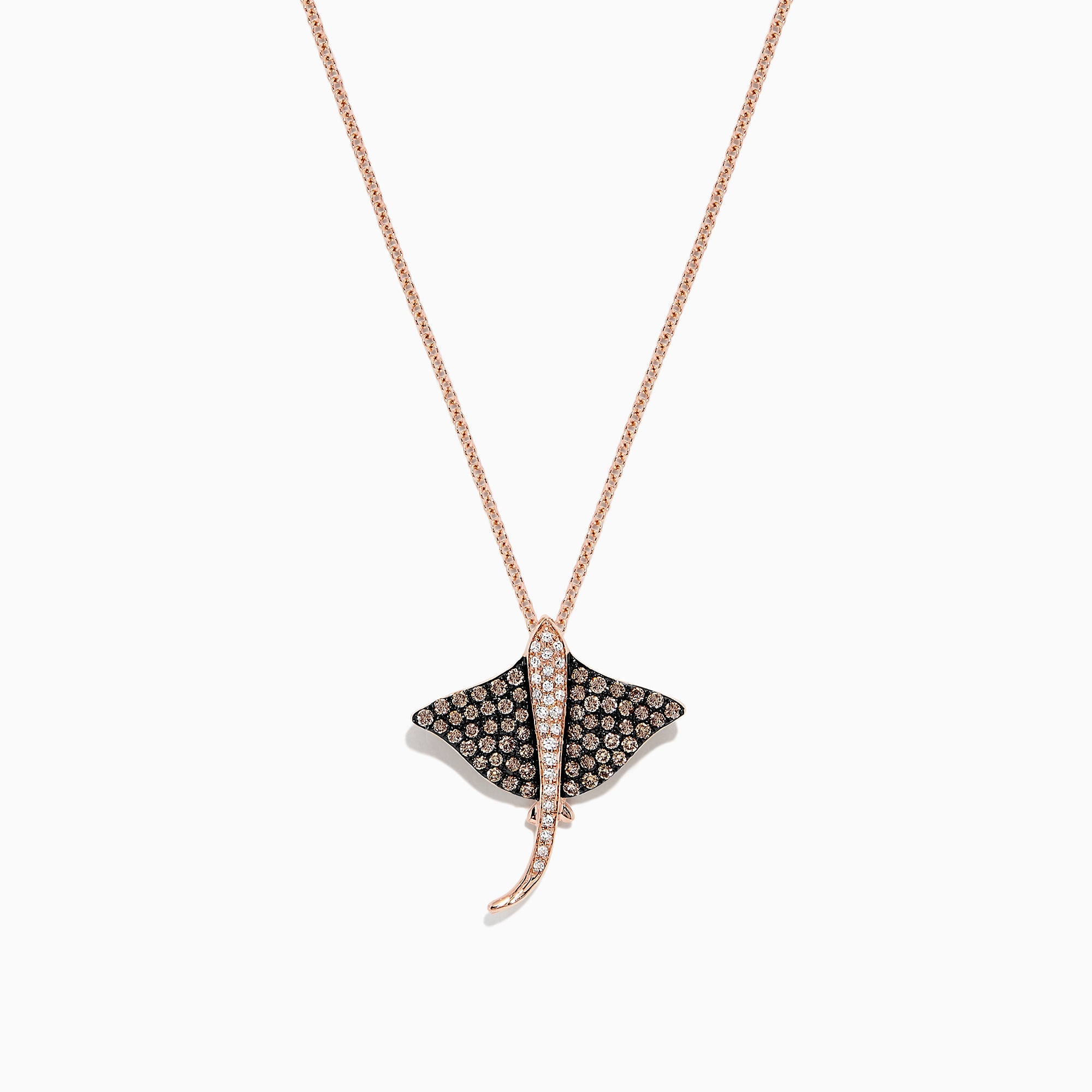 The Seaside 14K Gold Espresso & White Diamond Stingray Pendant features a rose gold stingray design adorned with sparkling espresso and white diamonds, totaling 0.46 carats.