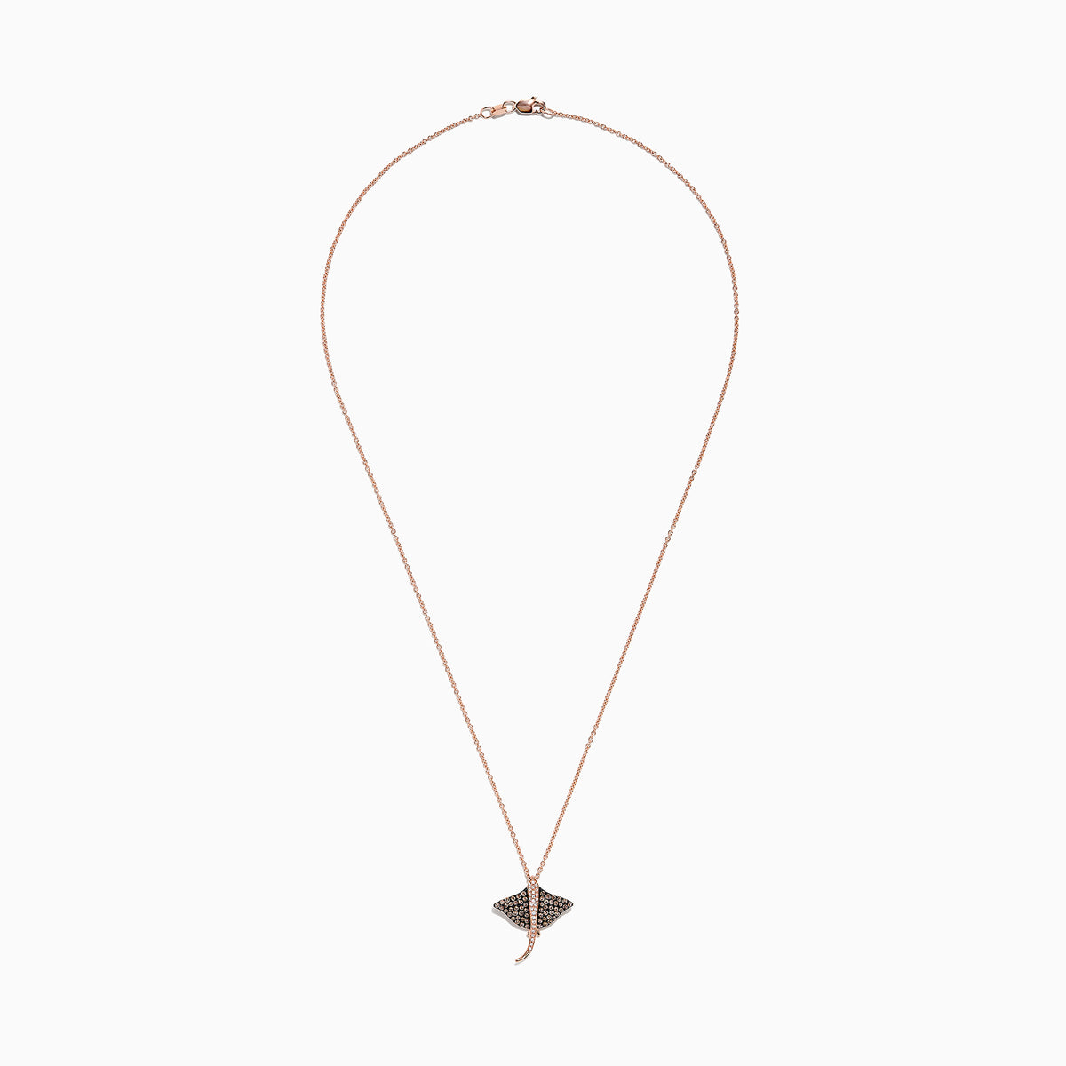 The Seaside 14K Gold Espresso & White Diamond Stingray Pendant (0.46 TCW) features a delicate rose gold design adorned with dark and white diamonds, showcased on a plain white background.