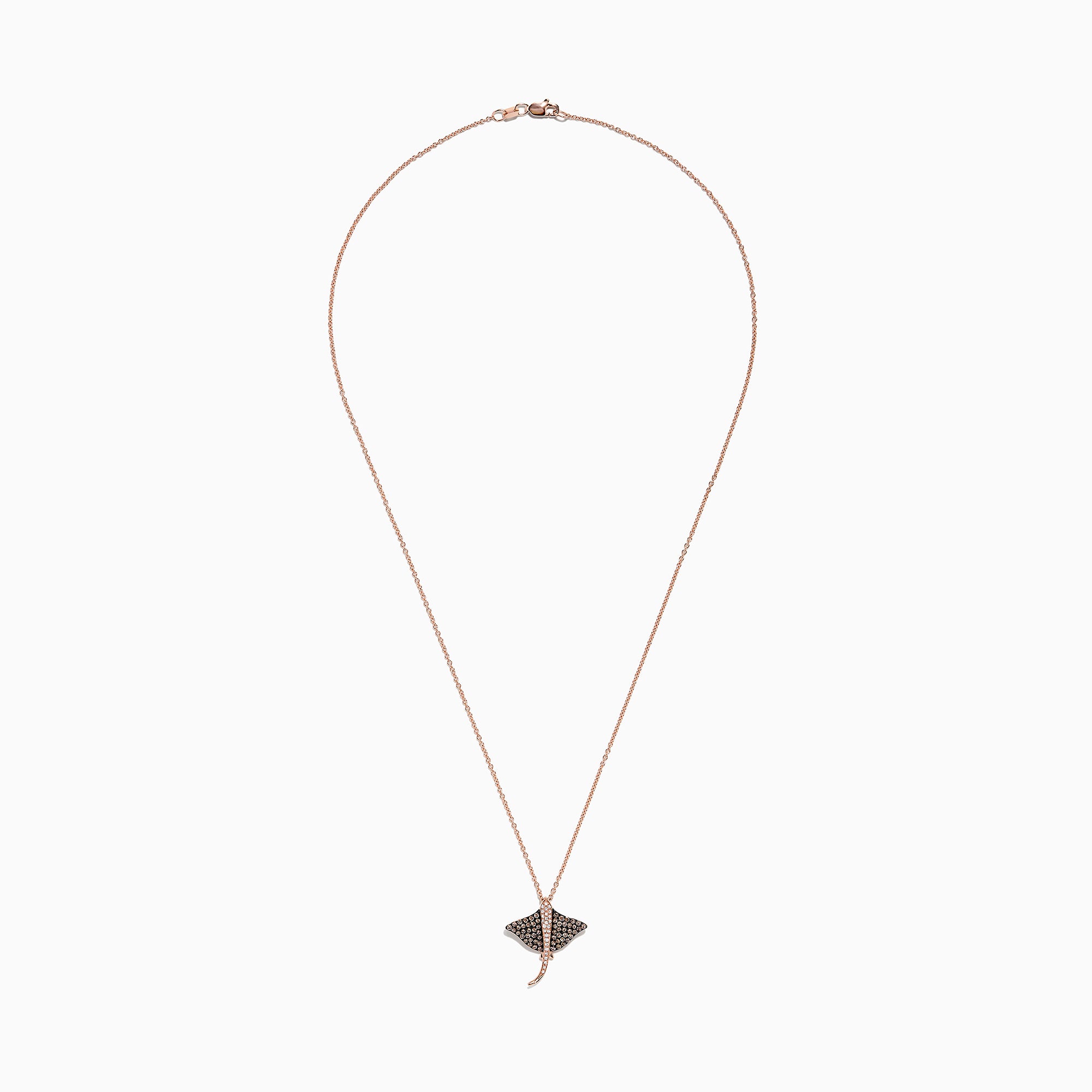 The Seaside 14K Gold Espresso & White Diamond Stingray Pendant (0.46 TCW) features a delicate rose gold design adorned with dark and white diamonds, showcased on a plain white background.