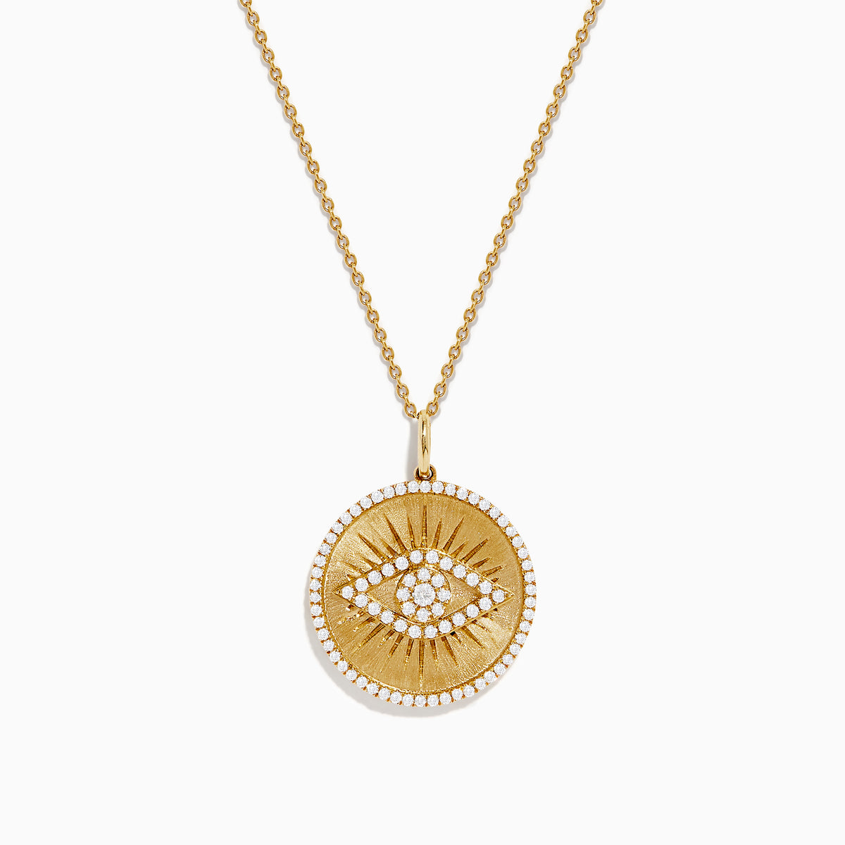 The 14K Yellow Gold Diamond Evil Eye Pendant features a round eye design accented with sparkling diamonds, set against a textured yellow gold background with a beaded edge.