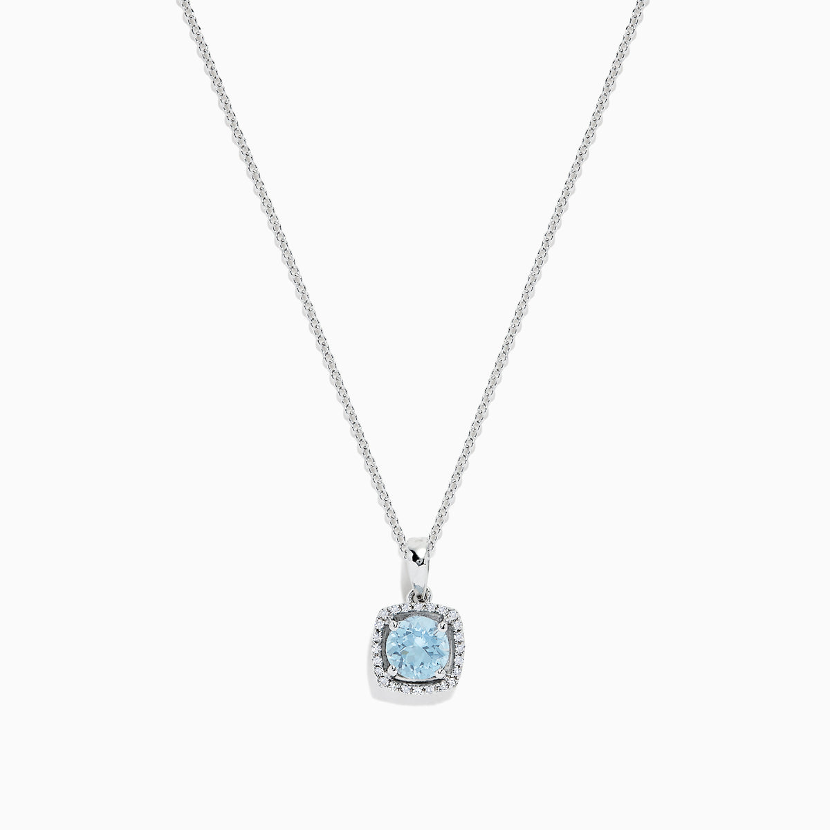The Aquarius 14K White Gold Aquamarine and Diamond Pendant features a square light blue aquamarine surrounded by sparkling diamonds, all on a delicate chain. Total carat weight: 0.78 TCW.