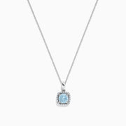 The Aquarius 14K White Gold Aquamarine and Diamond Pendant features a square light blue aquamarine surrounded by sparkling diamonds, all on a delicate chain. Total carat weight: 0.78 TCW.