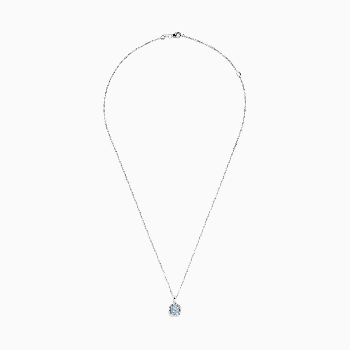 The Aquarius 14K White Gold Aquamarine and Diamond Pendant features a square light blue aquamarine surrounded by sparkling diamonds, all on a delicate chain. Total carat weight: 0.78 TCW.