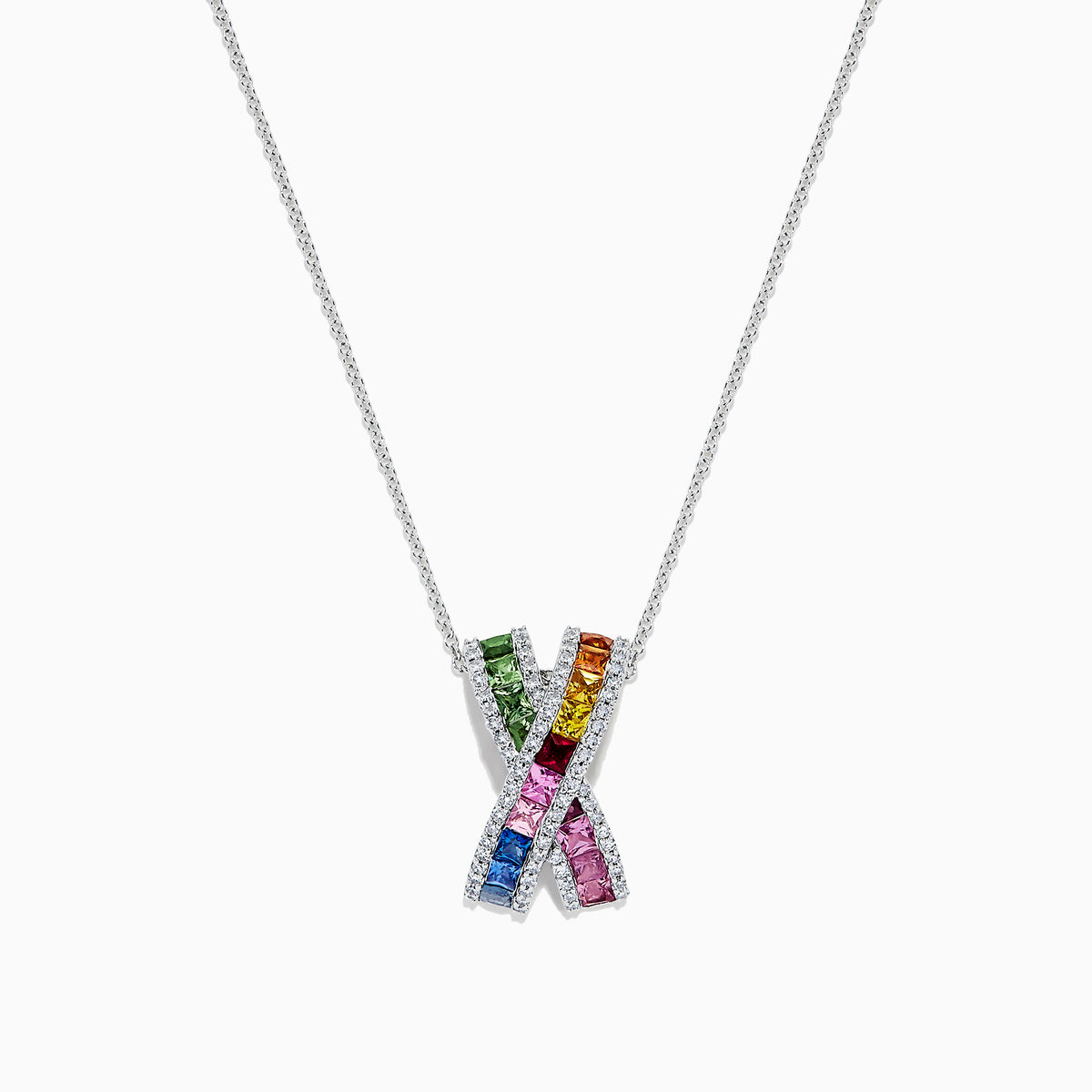 The Watercolors 14K White Gold Multi Sapphire & Diamond Pendant (2.21 TCW) features an X-shaped design with multi sapphire gemstones and diamond accents on a silver chain necklace.