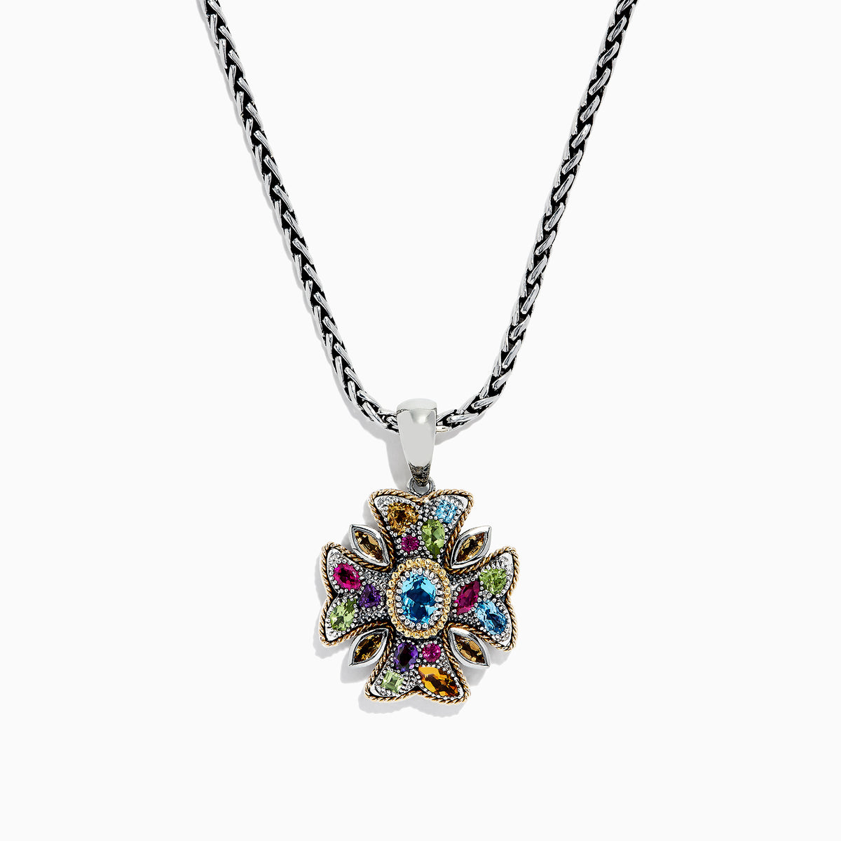 A 925 silver chain necklace featuring a cross-shaped pendant adorned with vibrant multi gemstones, totaling 4.09 TCW, arranged in a strikingly symmetrical design.