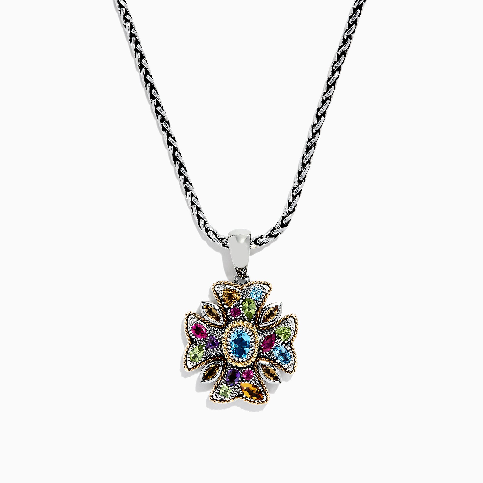 A 925 silver chain necklace featuring a cross-shaped pendant adorned with vibrant multi gemstones, totaling 4.09 TCW, arranged in a strikingly symmetrical design.