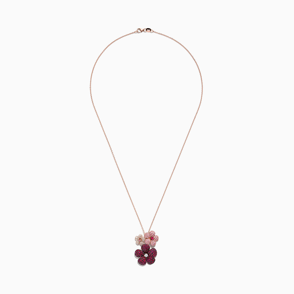 The Nature 14K Gold Ruby, Sapphire and Diamond Flowers Pendant (3.02 TCW) features three flower-shaped pendants in graduated sizes, set with rubies, sapphires, and diamonds; the largest flower displays a central sparkling diamond.