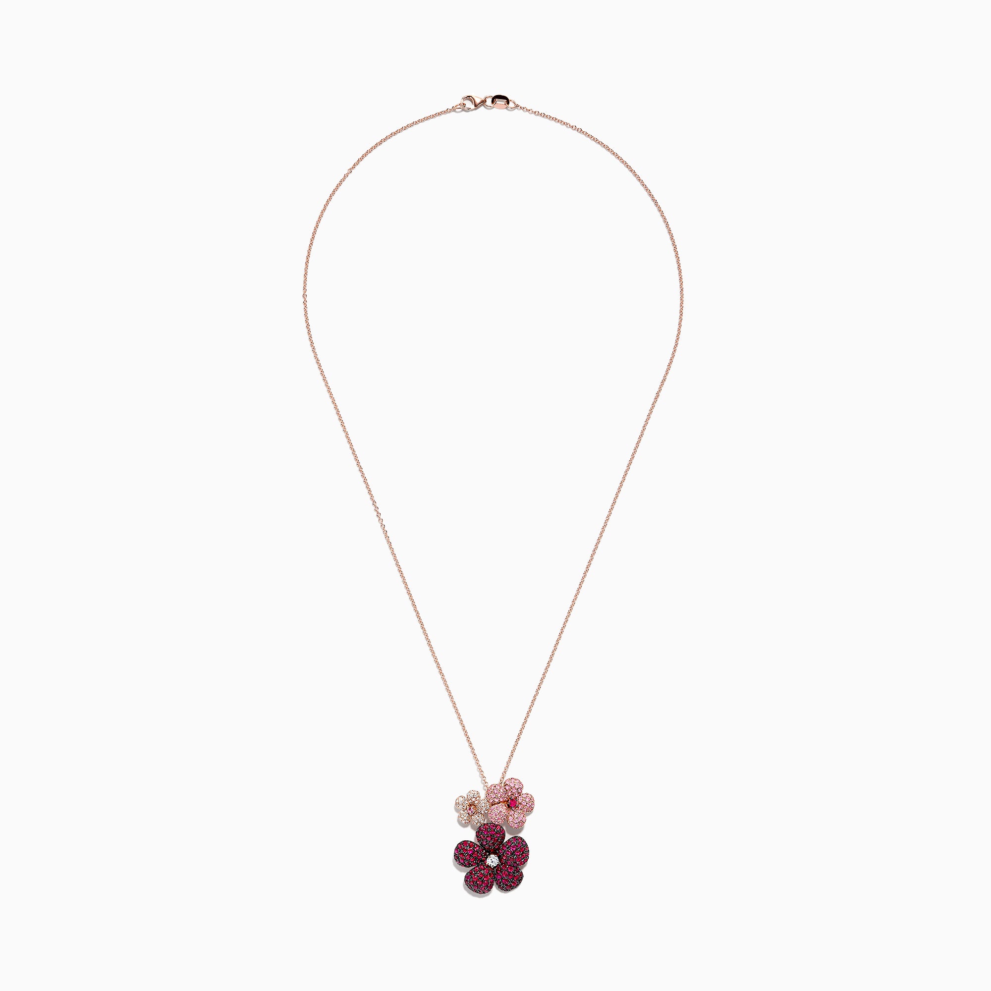 The Nature 14K Gold Ruby, Sapphire and Diamond Flowers Pendant (3.02 TCW) features three flower-shaped pendants in graduated sizes, set with rubies, sapphires, and diamonds; the largest flower displays a central sparkling diamond.