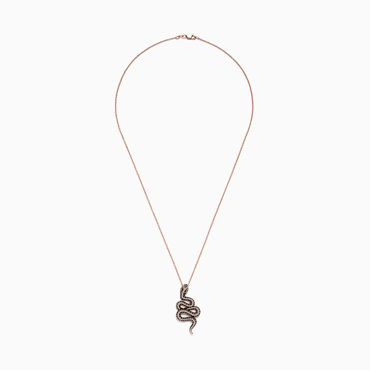 The Safari 14K Rose Gold Diamond and Tsavorite Snake Pendant (1.41 TCW) features a coiled serpent design with diamond and tsavorite eyes, black and white gems along its body, all on a delicate chain.