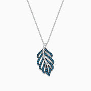 The Bella Bleu 14K White Gold Blue and White Diamond Pendant (0.86 TCW) features a stylized leaf design with alternating blue and white diamonds, suspended from a delicate white gold chain.