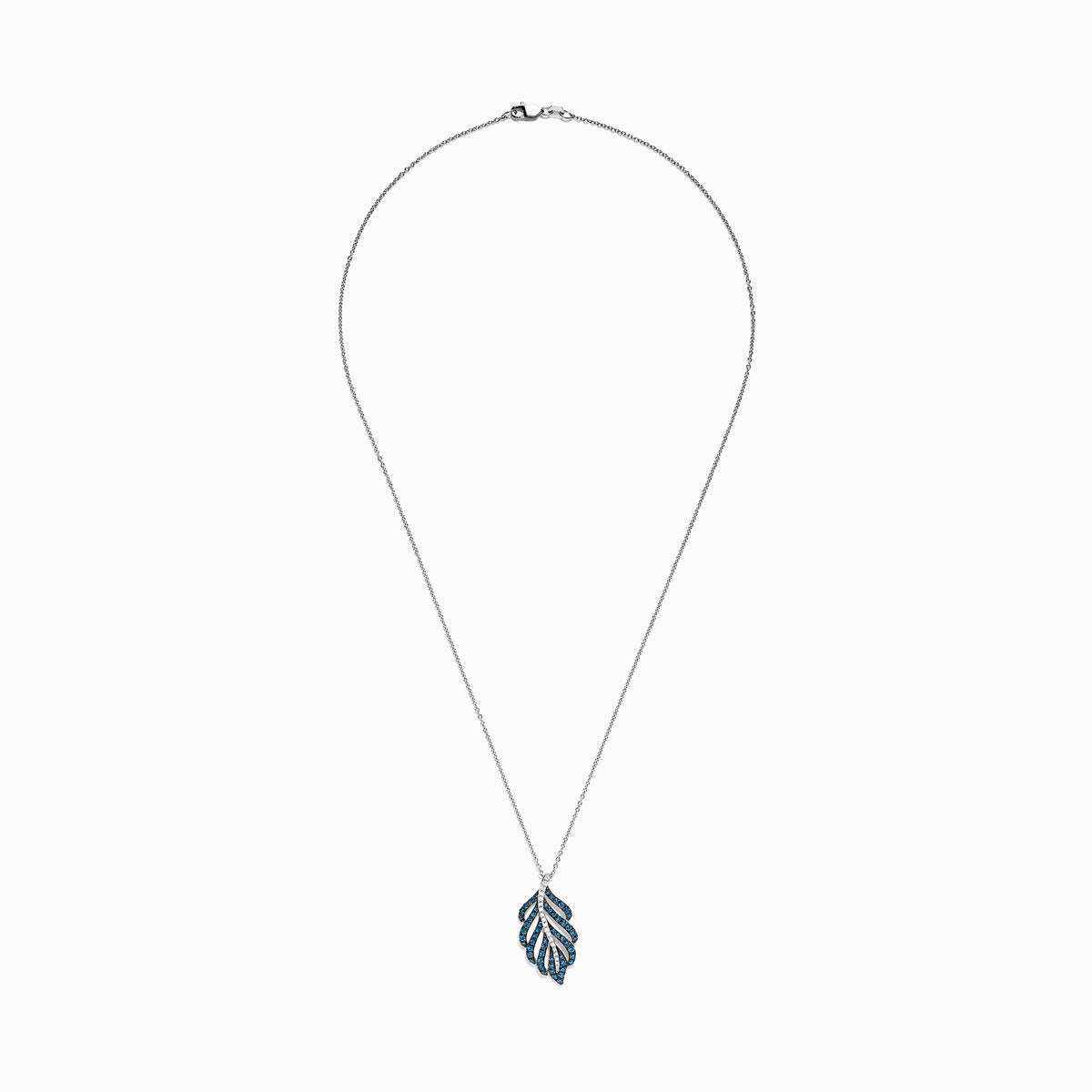 The Bella Bleu 14K White Gold Blue and White Diamond Pendant (0.86 TCW) features a stylized leaf design with alternating blue and white diamonds, suspended from a delicate white gold chain.