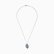 The Bella Bleu 14K White Gold Blue and White Diamond Pendant (0.86 TCW) features a stylized leaf design with alternating blue and white diamonds, suspended from a delicate white gold chain.