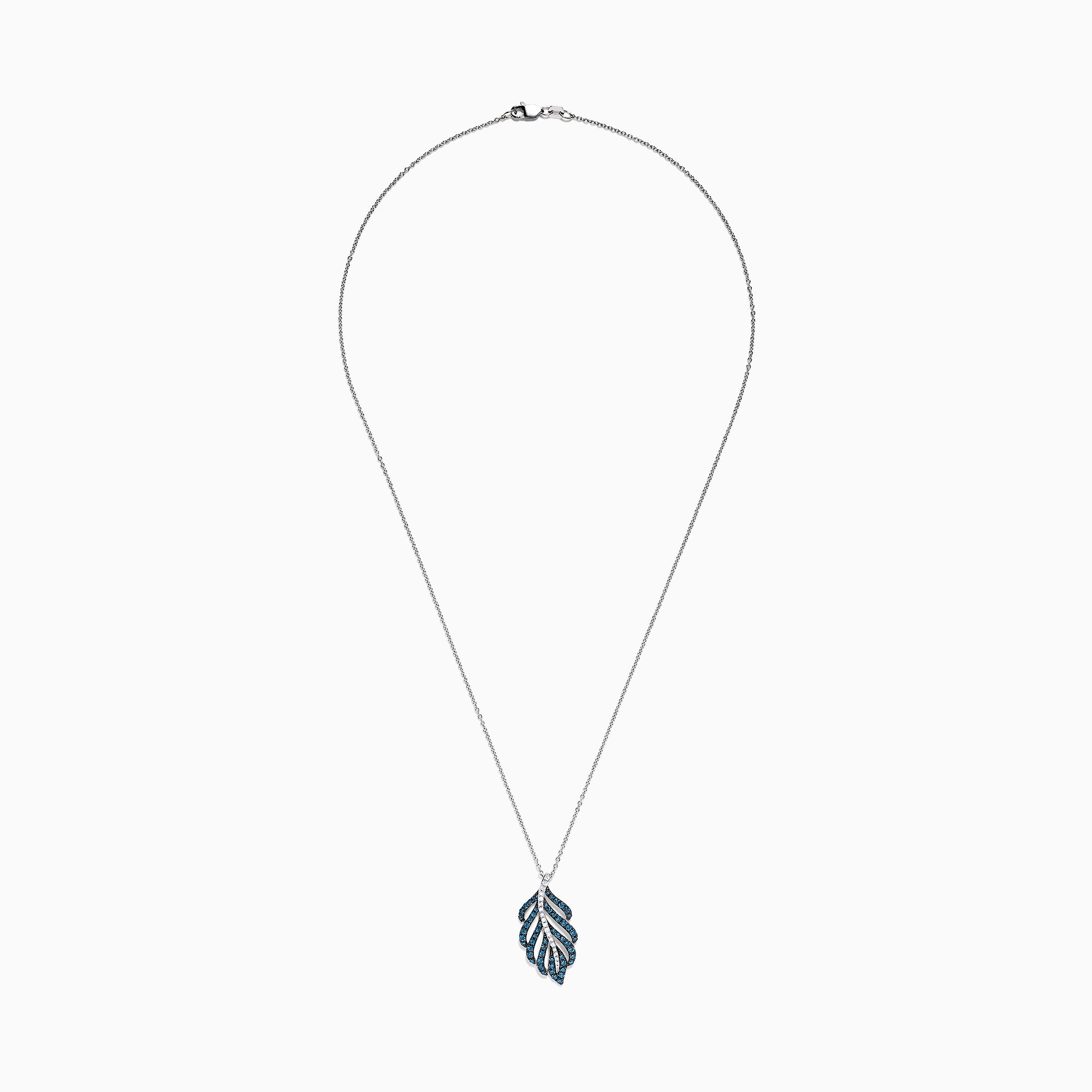 The Bella Bleu 14K White Gold Blue and White Diamond Pendant (0.86 TCW) features a stylized leaf design with alternating blue and white diamonds, suspended from a delicate white gold chain.