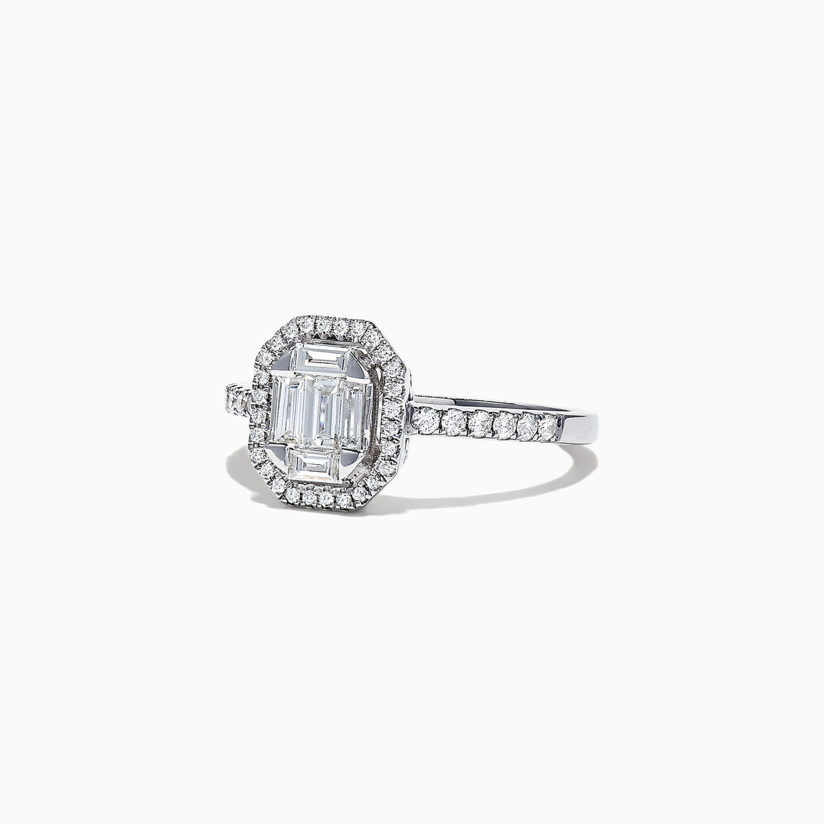 The Classique 14K White Gold Diamond Ring, 0.50 TCW, features an emerald-cut center stone with a diamond halo and diamonds along the band, displayed on a plain white background.