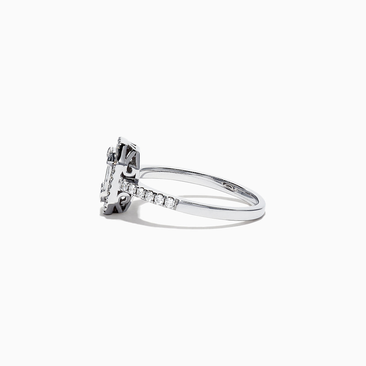 The Classique 14K White Gold Diamond Ring, 0.50 TCW, features an emerald-cut center stone with a diamond halo and diamonds along the band, displayed on a plain white background.
