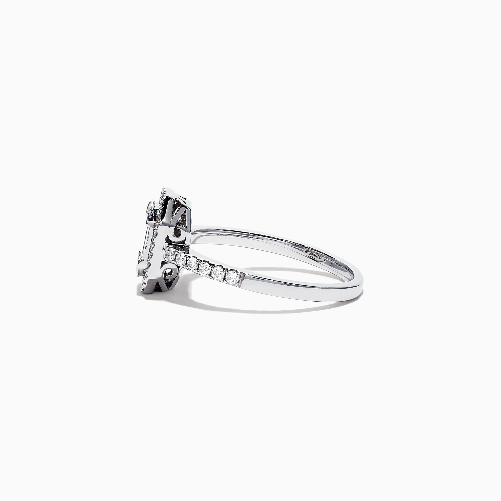 The Classique 14K White Gold Diamond Ring, 0.50 TCW, features an emerald-cut center stone with a diamond halo and diamonds along the band, displayed on a plain white background.