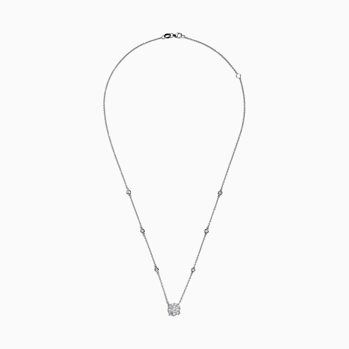 The Bouquet 14K White Gold Diamond Station Cluster Pendant Necklace, 0.82 TCW, showcases a large round diamond pendant and four bezel-set diamonds along the chain, beautifully displayed on a white background.