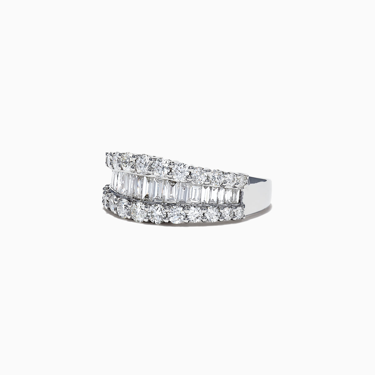 A close-up of the Classique 14K White Gold Diamond Band Ring, 1.55 TCW, showcasing two rows of round diamonds and a center row of baguette-cut diamonds in an elegant, symmetrical design against a white background.