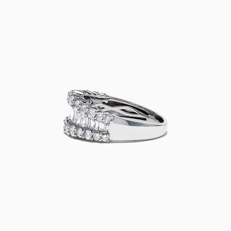 A close-up of the Classique 14K White Gold Diamond Band Ring, 1.55 TCW, showcasing two rows of round diamonds and a center row of baguette-cut diamonds in an elegant, symmetrical design against a white background.
