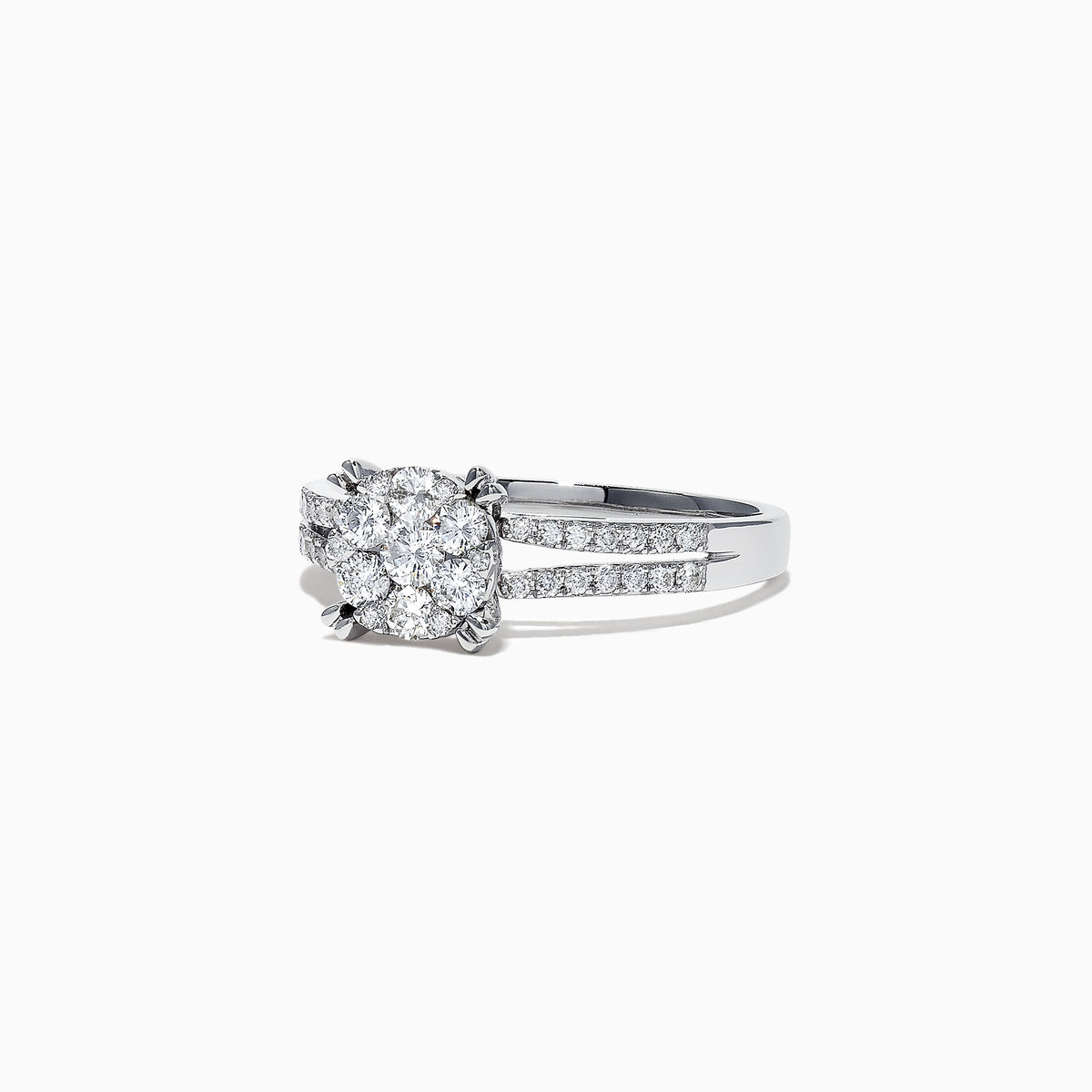 The Bouquet 14K White Gold Diamond Cluster Ring, 0.56 TCW, showcases a brilliant diamond cluster and a split shank band adorned with sparkling diamonds, beautifully presented on a white background.