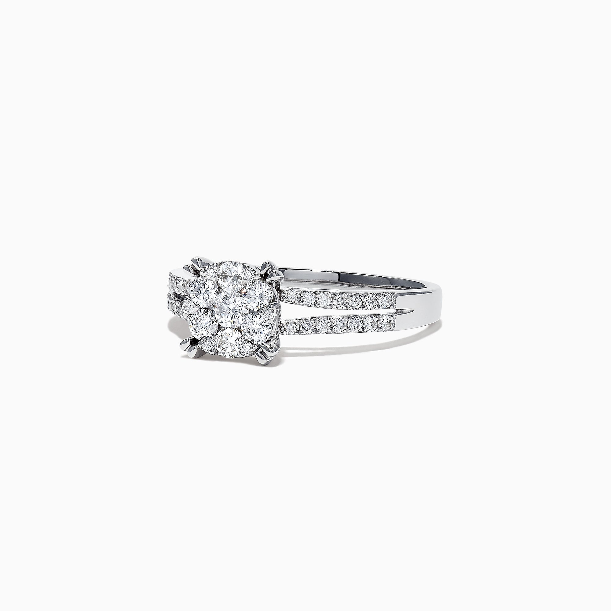 The Bouquet 14K White Gold Diamond Cluster Ring, 0.56 TCW, showcases a brilliant diamond cluster and a split shank band adorned with sparkling diamonds, beautifully presented on a white background.