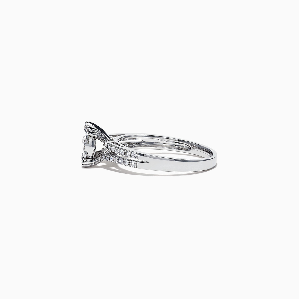 The Bouquet 14K White Gold Diamond Cluster Ring, 0.56 TCW, showcases a brilliant diamond cluster and a split shank band adorned with sparkling diamonds, beautifully presented on a white background.
