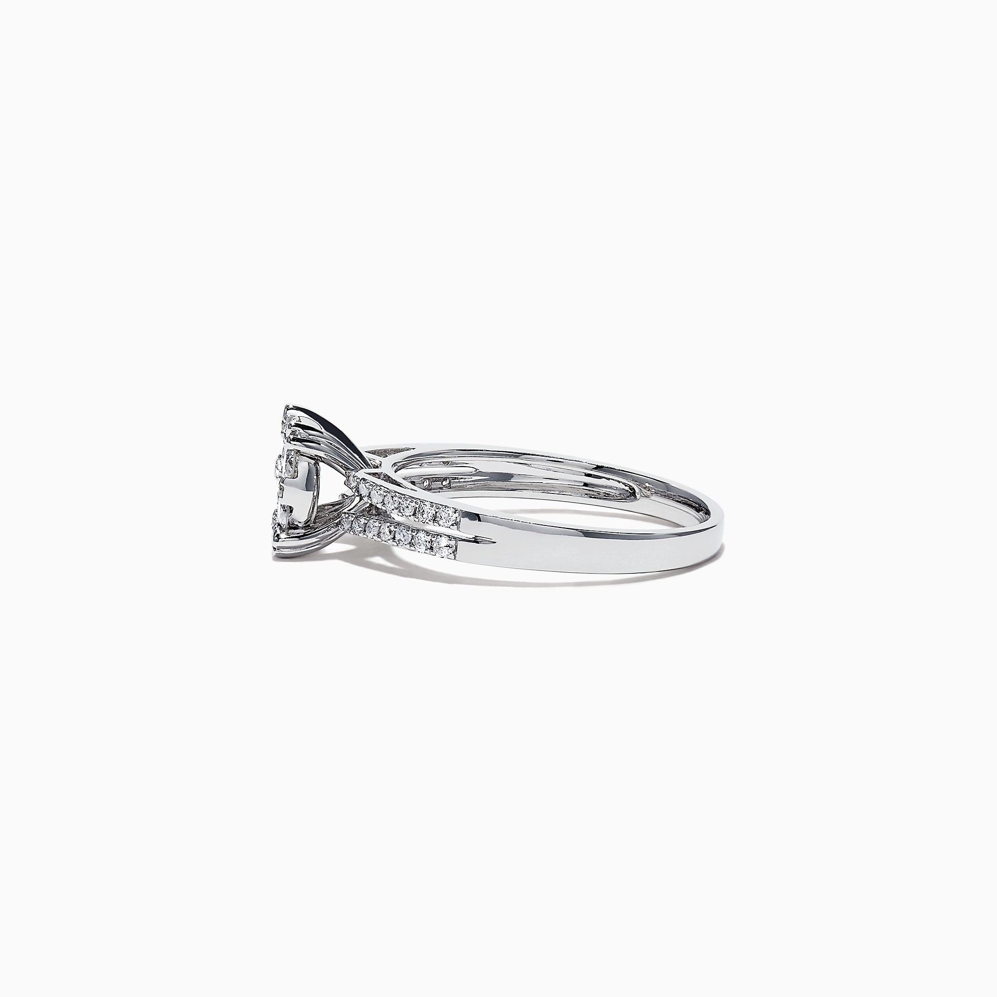 The Bouquet 14K White Gold Diamond Cluster Ring, 0.56 TCW, showcases a brilliant diamond cluster and a split shank band adorned with sparkling diamonds, beautifully presented on a white background.