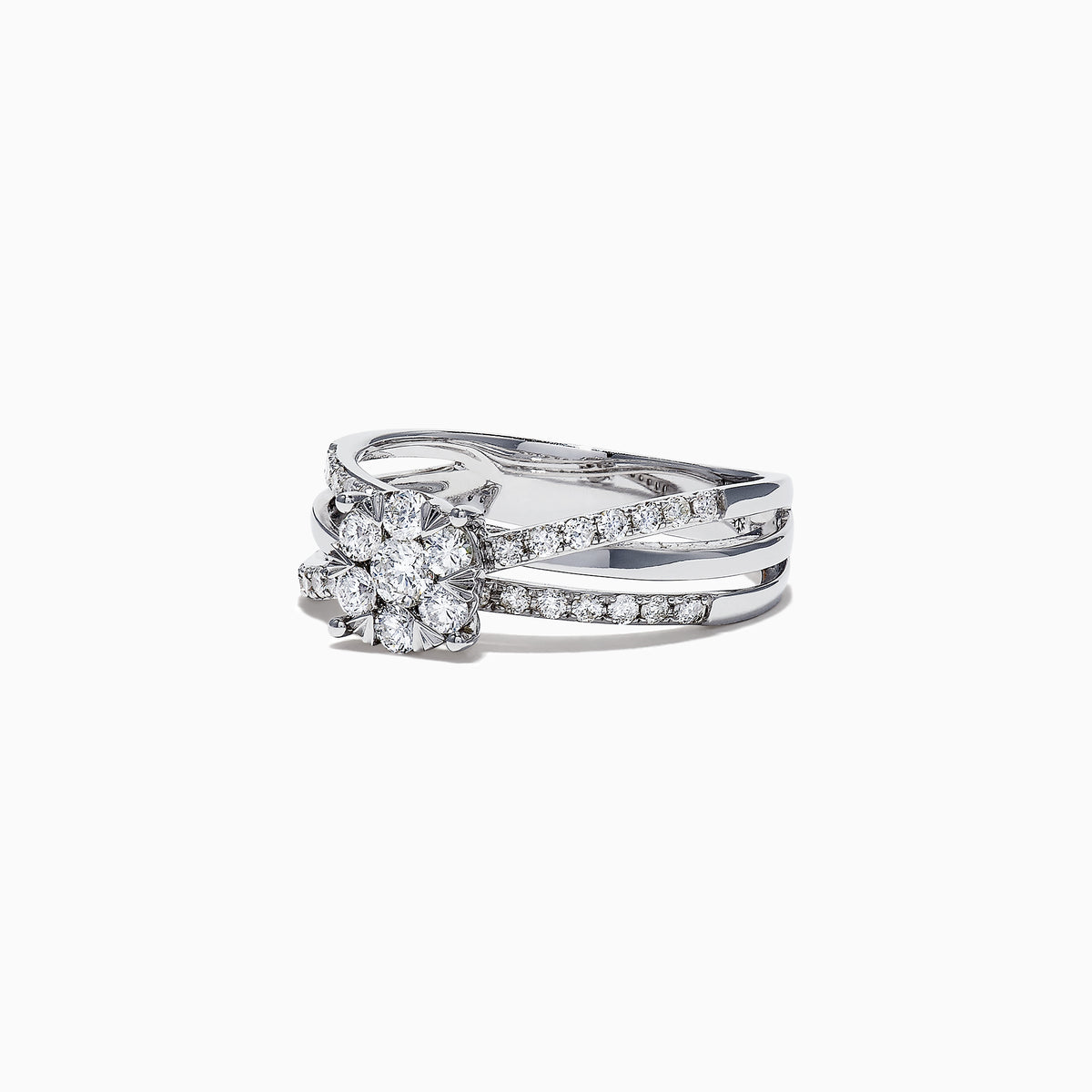 The Bouquet 14K White Gold Diamond Crossover Cluster Ring, 0.39 TCW, features a round center stone, split shank design, and sparkling diamond accents on a crossover cluster band.
