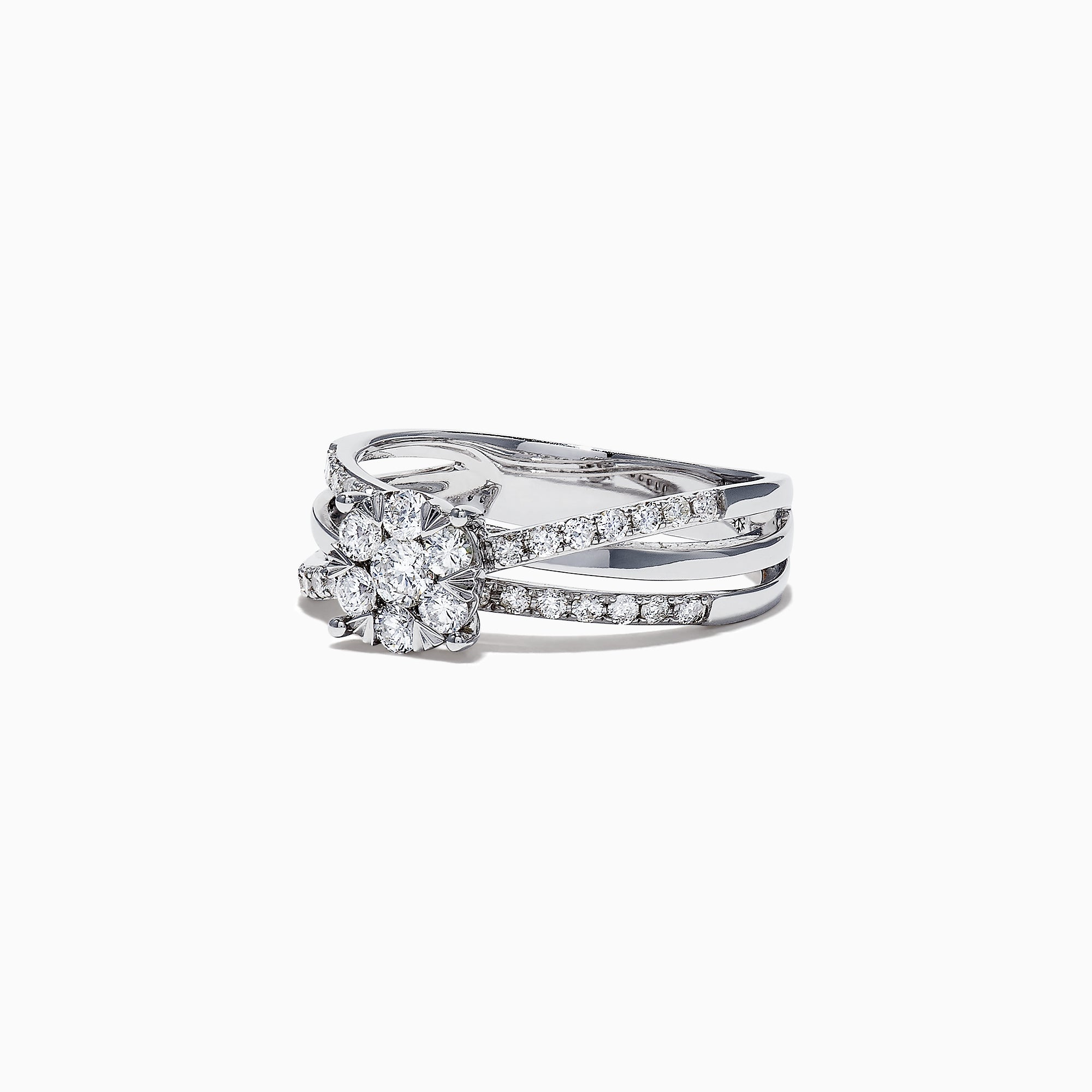 The Bouquet 14K White Gold Diamond Crossover Cluster Ring, 0.39 TCW, features a round center stone, split shank design, and sparkling diamond accents on a crossover cluster band.