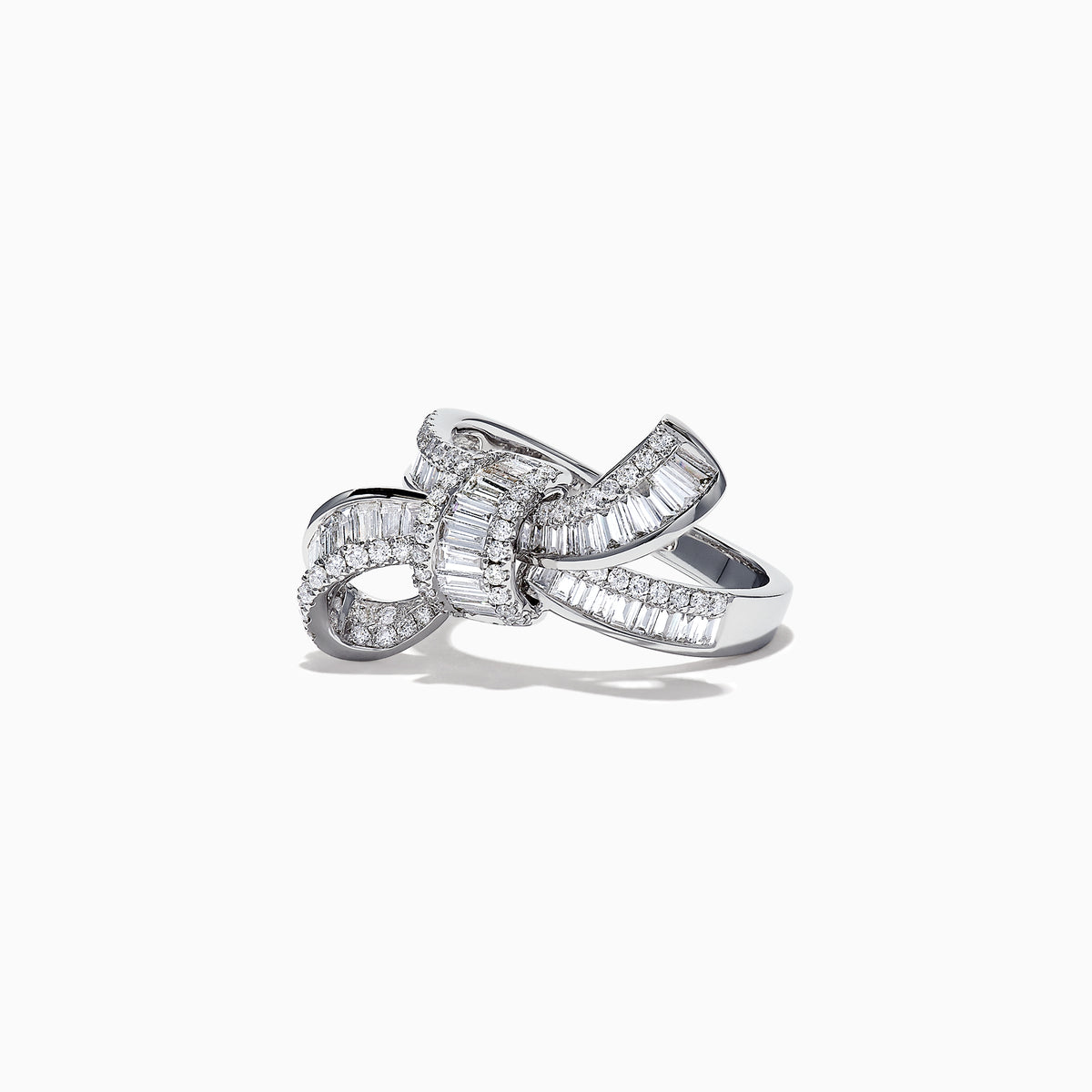 The Classique 14K White Gold Diamond Bow Ring, 1.08 TCW, features a striking bow design encrusted with diamonds and is showcased on a plain white background.