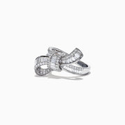 The Classique 14K White Gold Diamond Bow Ring, 1.08 TCW, features a striking bow design encrusted with diamonds and is showcased on a plain white background.