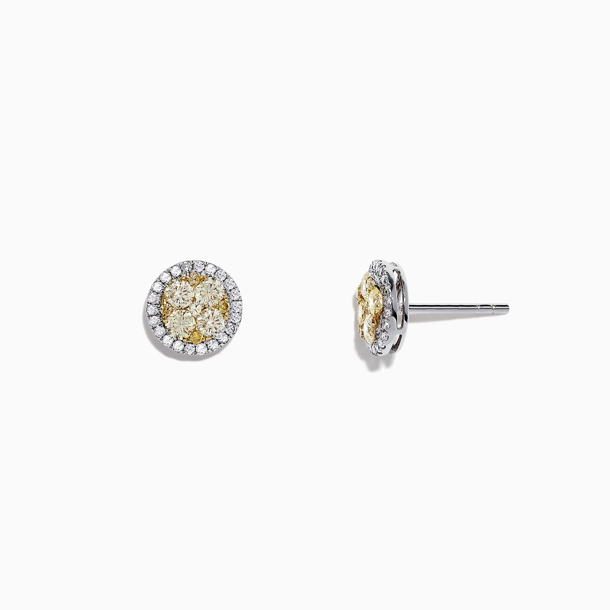 Canare 14K Two-Tone Gold Yellow and White Diamond Earrings, 1.08 TCW, with round yellow centers and a halo of white diamonds, are displayed against a plain white background.
