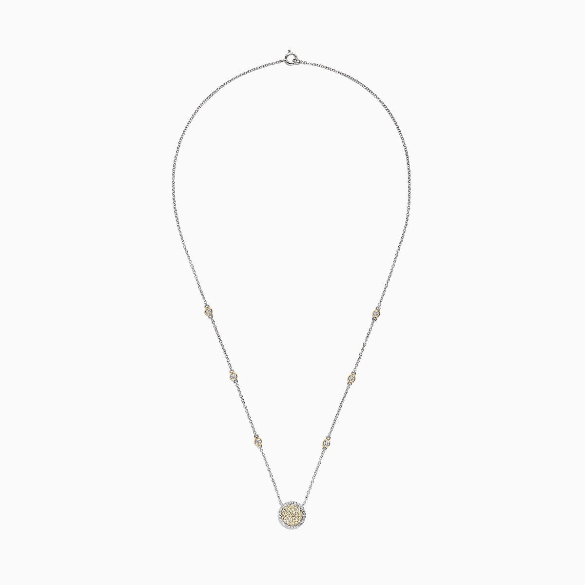 The Canare 14K Two-Tone Gold Yellow and White Diamond Station Necklace features a round pendant with clustered yellow and clear stones and yellow-accented settings along the chain.