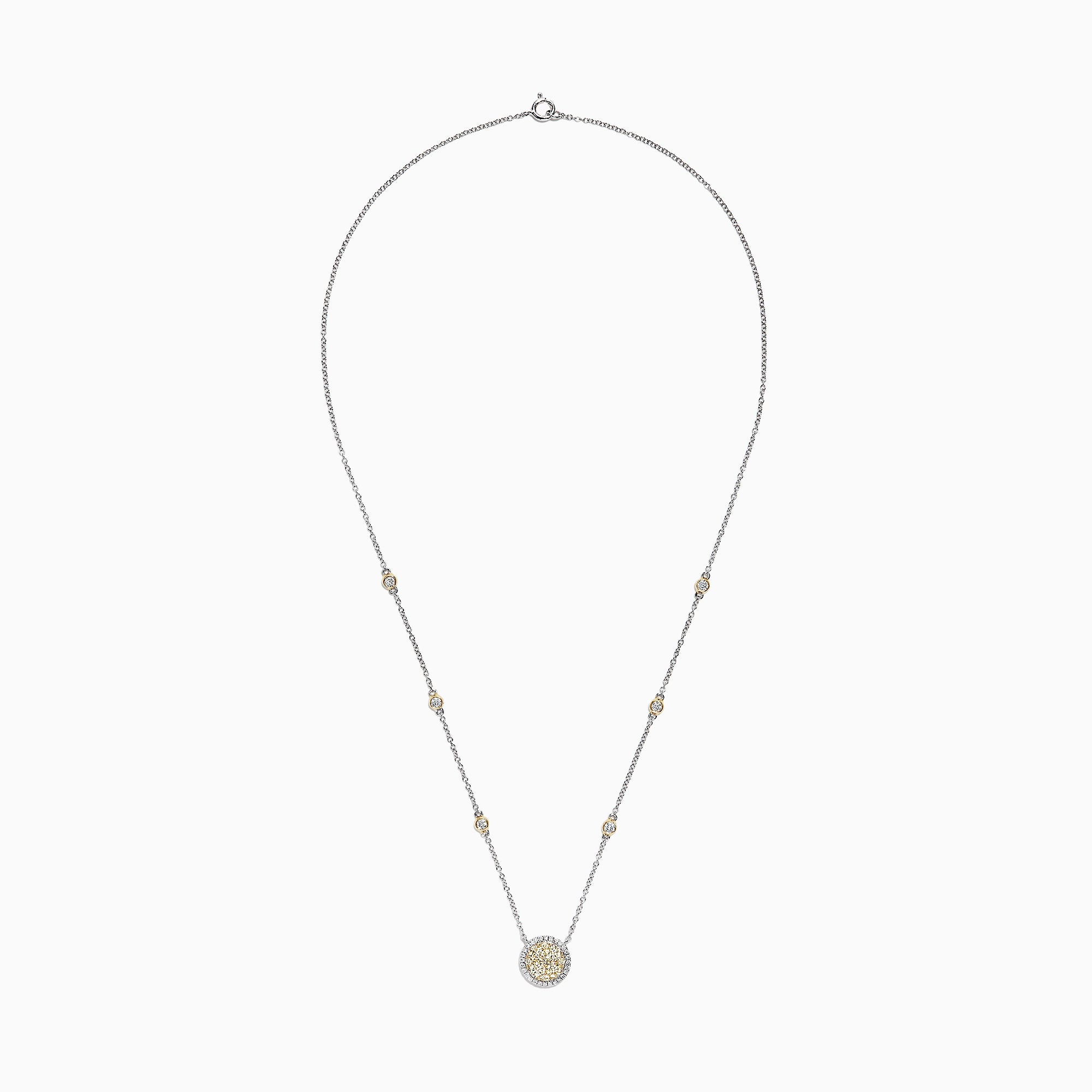 The Canare 14K Two-Tone Gold Yellow and White Diamond Station Necklace features a round pendant with clustered yellow and clear stones and yellow-accented settings along the chain.