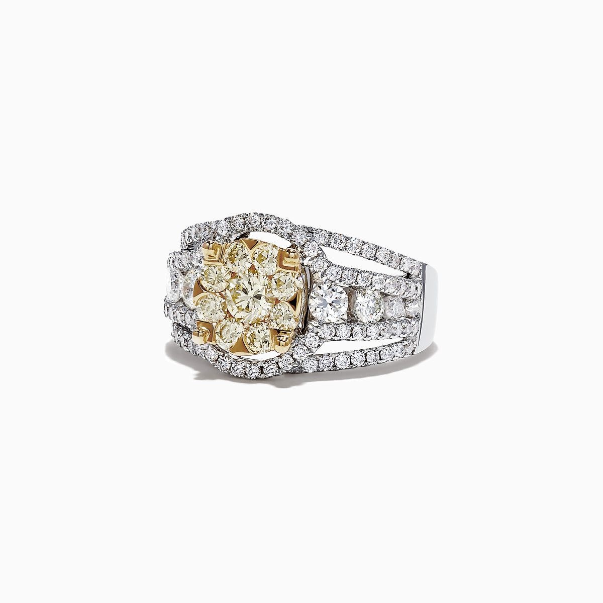 The Canare 14K Two-Tone Gold Yellow and White Diamond Ring, 2.16 TCW, showcases a striking yellow diamond cluster encircled by white diamonds on a split shank band, elegantly set against a white background.