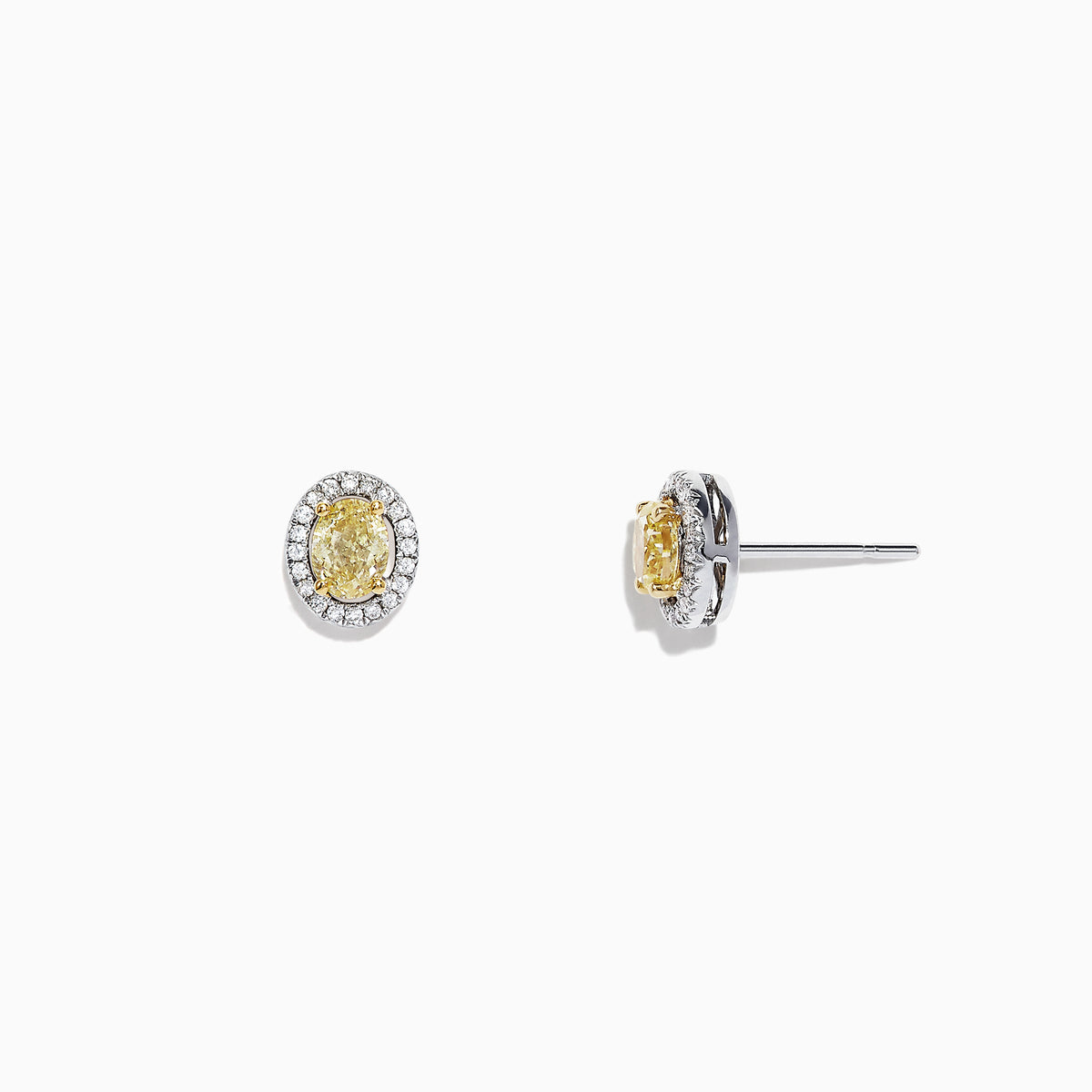 The Canare 18K Two-Tone Gold Oval Yellow Diamond Stud Earrings, 0.51 TCW, feature oval yellow diamonds with a halo of small white stones and are shown against a plain white background.
