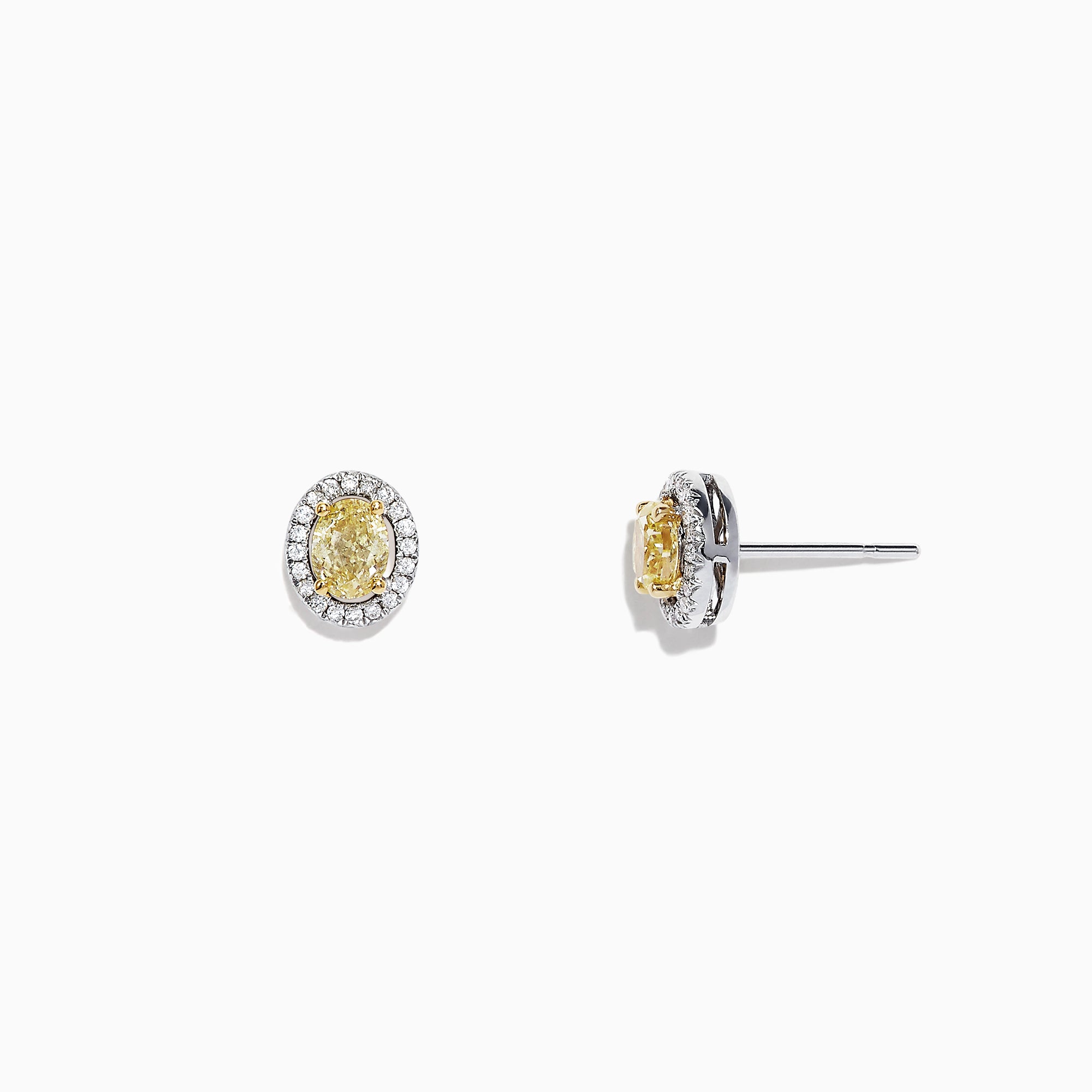 The Canare 18K Two-Tone Gold Oval Yellow Diamond Stud Earrings, 0.51 TCW, feature oval yellow diamonds with a halo of small white stones and are shown against a plain white background.
