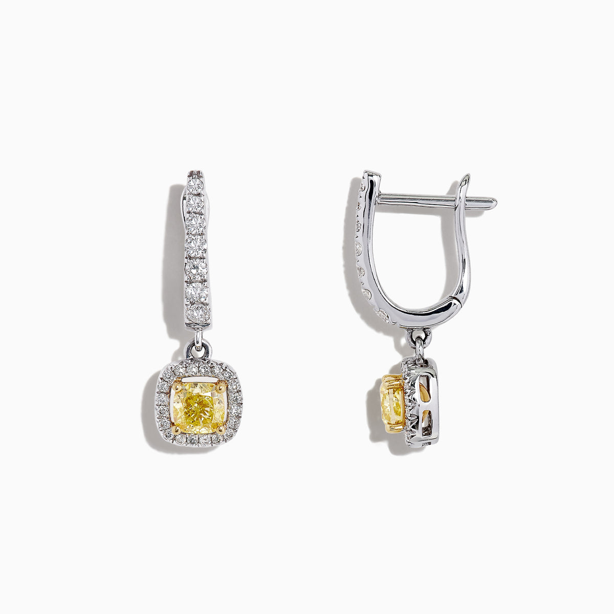 The Canare 18K Two-Tone Cushion Cut Yellow Diamond Drop Earrings (1.06 TCW) feature square yellow diamonds surrounded by clear stones, set in silver with extra clear stones along the drop. Displayed on a white background.