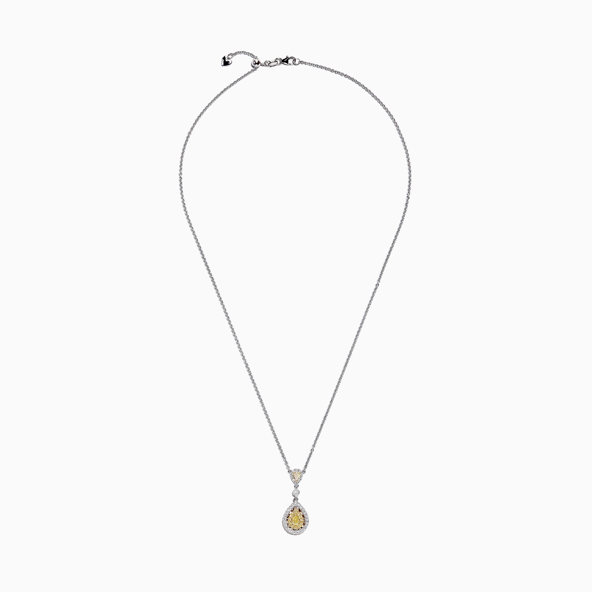 The Canare 18K Two-Tone Gold Yellow and White Diamond Pendant (0.74 TCW) is a silver necklace featuring a teardrop design with yellow gemstones and white diamonds, both surrounded by halos of sparkling stones for added elegance.