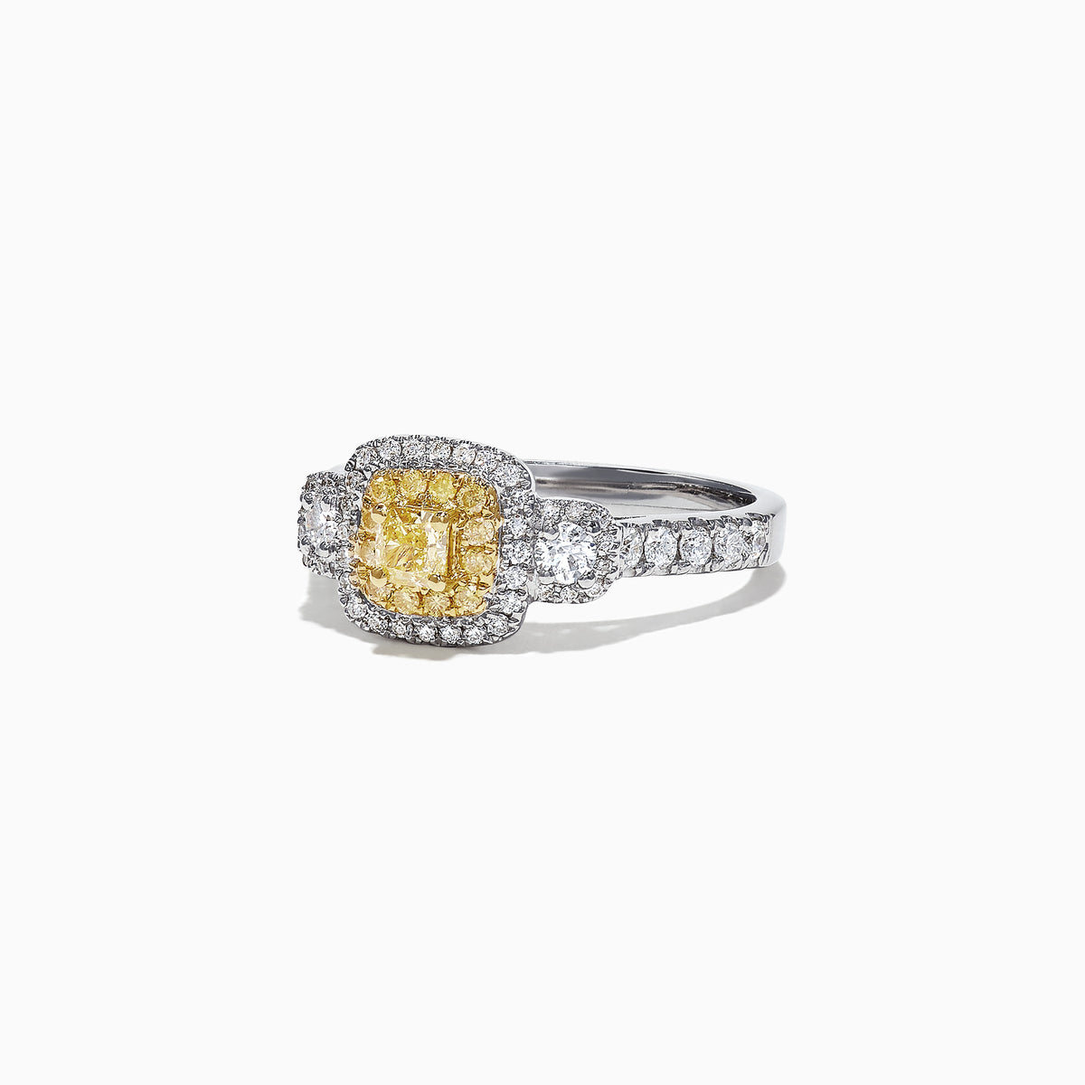 The Canare 18K Two-Tone Gold Cushion Double Halo Yellow Diamond Ring, 0.96 TCW, features a cushion-cut yellow diamond with a double white diamond halo and diamonds set along the band.