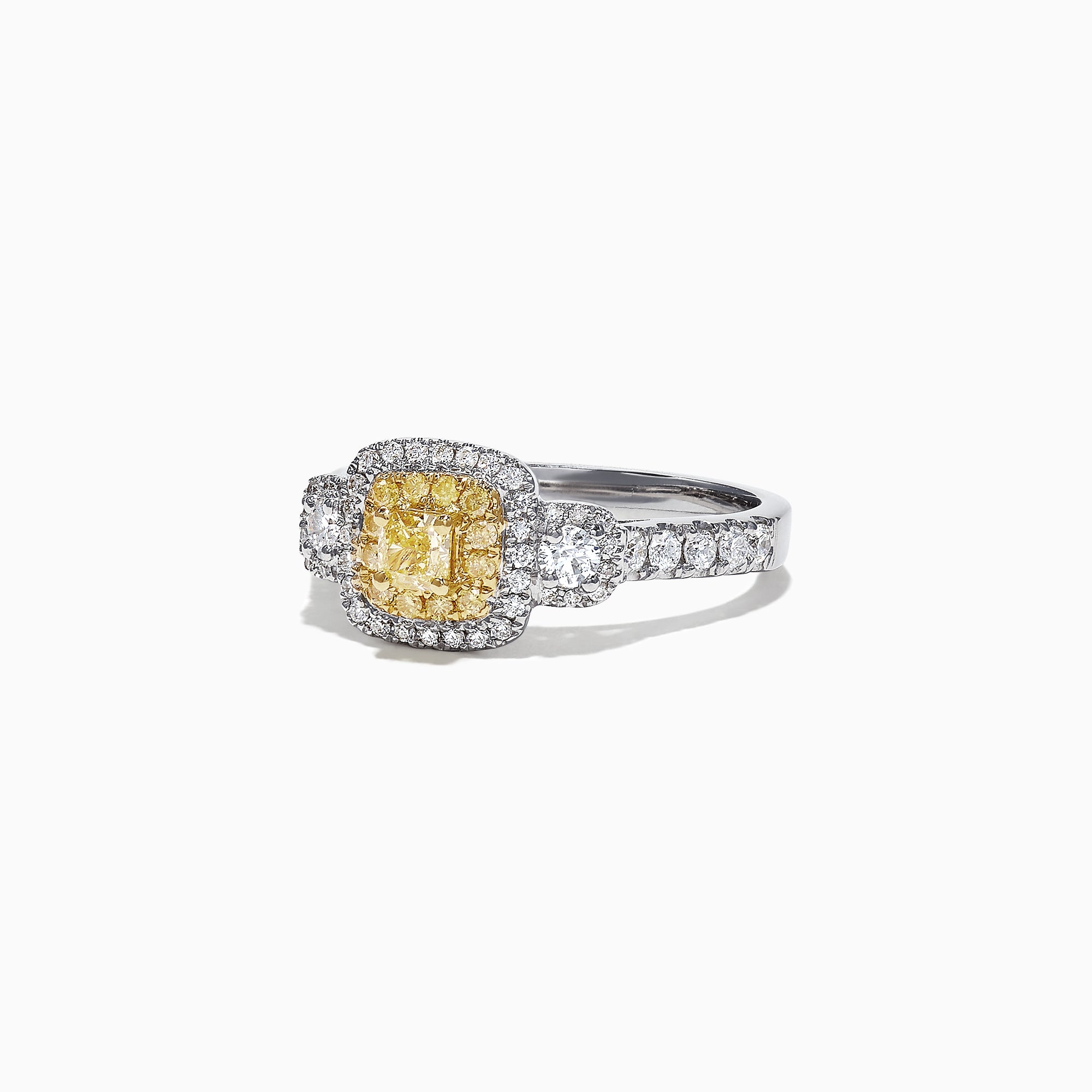 The Canare 18K Two-Tone Gold Cushion Double Halo Yellow Diamond Ring, 0.96 TCW, features a cushion-cut yellow diamond with a double white diamond halo and diamonds set along the band.